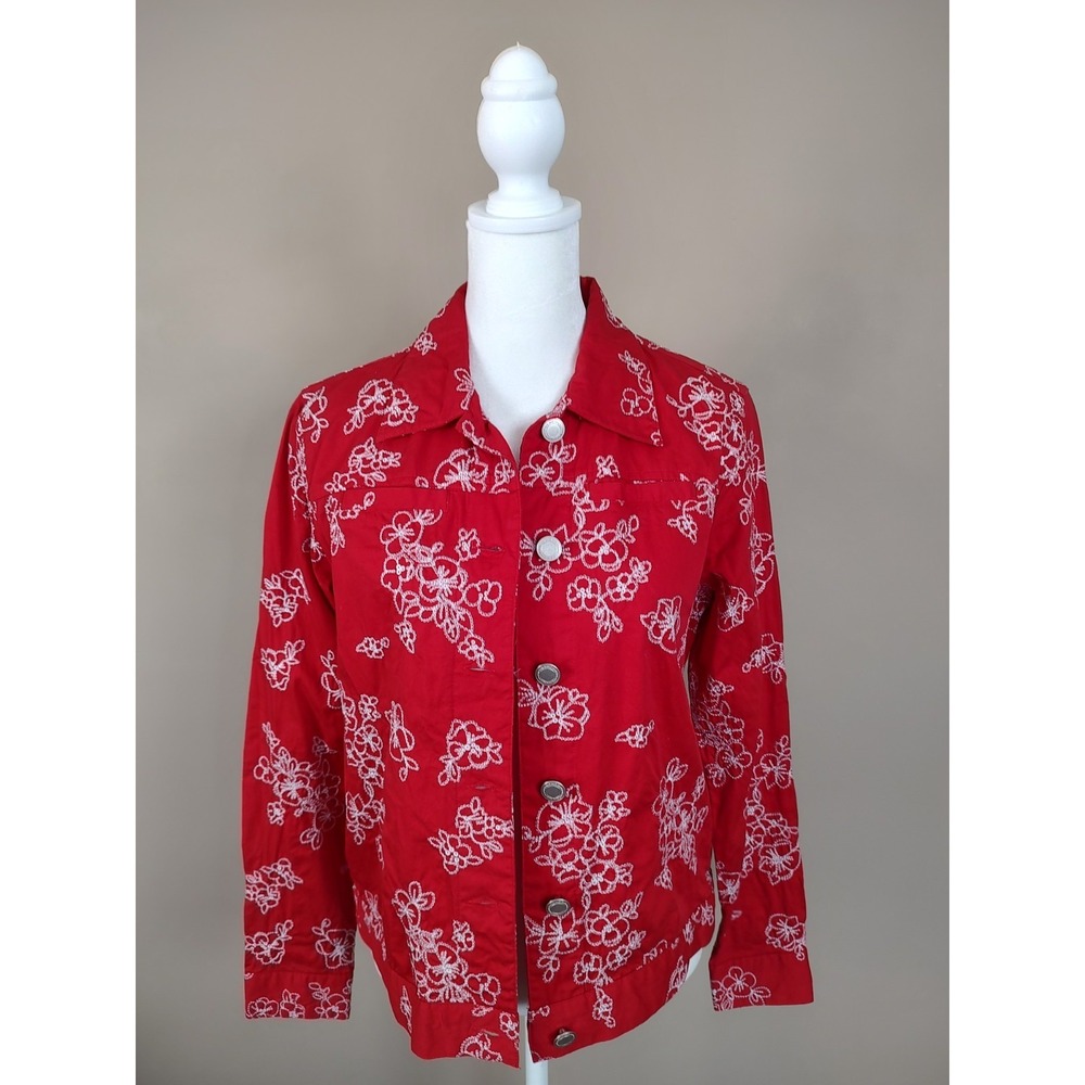 Joanna‎ Red Floral Embroidered Cotton Button Up Jacket Womens Small
